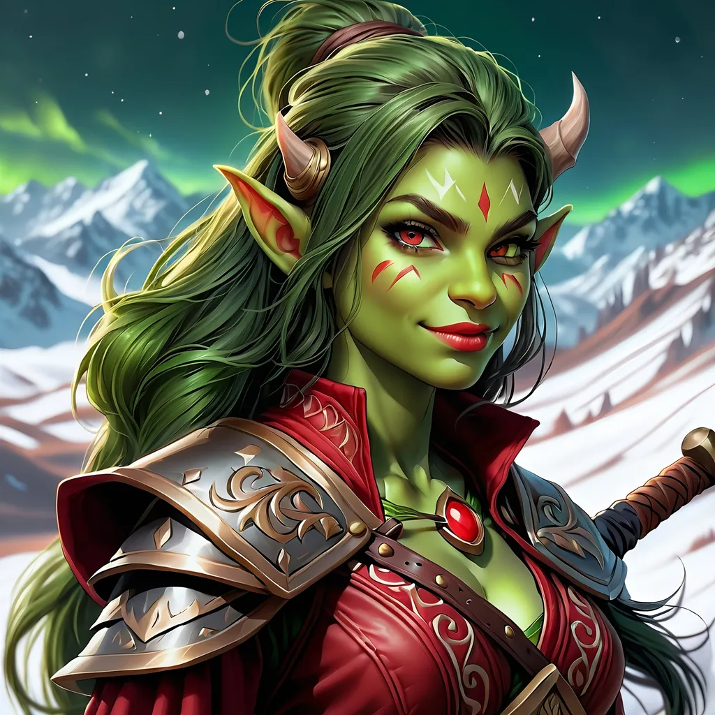 Prompt: Full Body, oil painting, D&D fantasy, very cute, 22 years old orc female ((green-skinned-orc girl)) Bard, green-skinned-female, ((beautiful detailed face and large glowing red eyes)), Pious, rosy cheeks and nose,  long rich dark hair, small pointed ears, ((large tusks)), laughing and singing, intricate detailed shapely ((leather bard clothes)), intricate hyper detailed hair, intricate hyper detailed eyelashes, intricate hyper detailed shining pupils #3238, UHD, hd , 8k eyes, detailed face, big anime dreamy eyes, 8k eyes, intricate details, insanely detailed, masterpiece, cinematic lighting, 8k, complementary colors, golden ratio, octane render, volumetric lighting, unreal 5, artwork, concept art, cover, top model, light on hair colorful glamourous hyperdetailed  inside of a Tavern background, intricate hyperdetailed inside of a Tavern background, ultra-fine details, hyper-focused, deep colors, dramatic lighting, ambient lighting god rays, | by sakimi chan, artgerm, wlop, pixiv, tumblr, instagram, deviantart