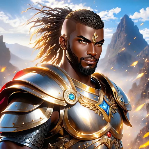 Prompt: Full Body, oil painting, fantasy, black man with dark skin, shaved head with vibrant light hazel eyes, ((handsome detailed face and eyes)), big smile, ((no beard)), large muscles warrior wearing armor ((wielding a large Glaive with both hands)), intricate hyper detailed hair, intricate hyper detailed eyelashes, intricate hyper detailed shining pupils #3238, UHD, hd , 8k eyes, detailed face, big anime dreamy eyes, 8k eyes, intricate details, insanely detailed, masterpiece, cinematic lighting, 8k, complementary colors, golden ratio, octane render, volumetric lighting, unreal 5, artwork, concept art, cover, top model, light on hair colorful glamourous hyperdetailed, ultra-fine details, intricate detailed battlefield background, hyper-focused, deep colors, dramatic lighting, ambient lighting god rays | by sakimi chan, artgerm, wlop, pixiv, tumblr, instagram, deviantart