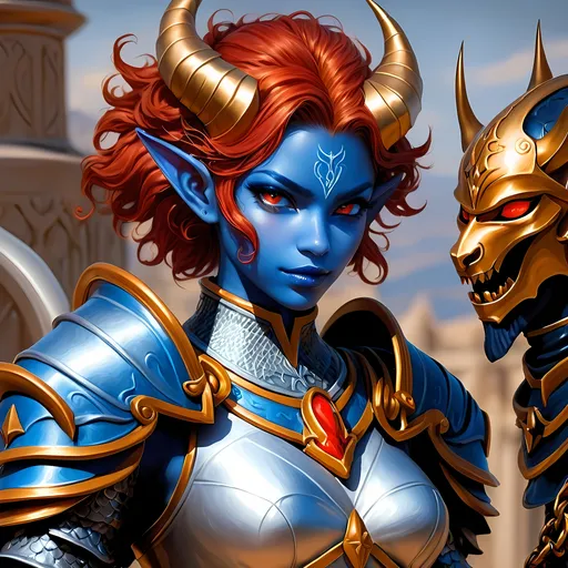 Prompt: Full body visible, oil painting, D&D Fantasy, young 20 years old Tiefling Female, ((Fully blue-skinned-female, blue-skinned-female)), Cleric, ((Beautiful detailed face and Red anime eyes)), Tiefling horns)), short tousled Orange hair, Rogueish grin, looking at the viewer, Classic cleric chain mail armour praying in front of a statue, intricate hyper detailed hair, intricate hyper detailed eyelashes, intricate hyper detailed shining pupils, #3238, UHD, hd , 8k eyes, detailed face, big anime dreamy eyes, 8k eyes, intricate details, insanely detailed, masterpiece, cinematic lighting, 8k, complementary colors, golden ratio, octane render, volumetric lighting, unreal 5, artwork, concept art, cover, top model, light on hair colorful glamourous hyperdetailed temple background, intricate hyperdetailed temple background, ultra-fine details, hyper-focused, deep colors, dramatic lighting, ambient lighting | by sakimi chan, artgerm, wlop, pixiv, tumblr, instagram, deviantart