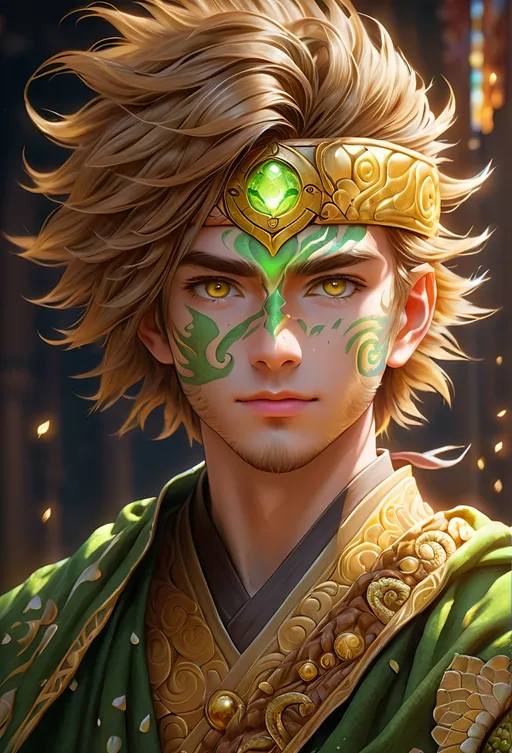 Prompt: Full body visible, oil painting, D&D fantasy, 22 years old mongrel man, ((Left side of the face covered in lizard scales)), ((rugged detailed face and glowing gold anime eyes)), short chestnut hair, wise smile, looking at the viewer, intricate detailed cloth monk robes, intricate hyper detailed hair, intricate hyper detailed eyelashes, intricate hyper detailed shining pupils, #3238, UHD, hd , 8k eyes, detailed face, big anime dreamy eyes, 8k eyes, intricate details, insanely detailed, masterpiece, cinematic lighting, 8k, complementary colors, golden ratio, octane render, volumetric lighting, unreal 5, artwork, concept art, cover, top model, light on hair colorful glamourous hyperdetailed house ruins background, intricate hyperdetailed house ruins background, ultra-fine details, hyper-focused, deep colors, dramatic lighting, ambient lighting | by sakimi chan, artgerm, wlop, pixiv, tumblr, instagram, deviantart