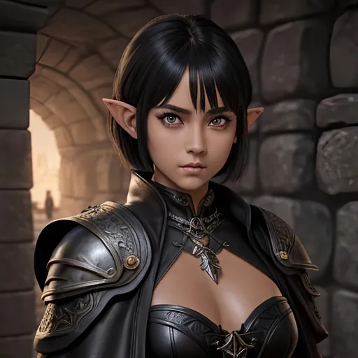 Prompt: masterpiece, splash art, ink painting, beautiful pop idol, D&D fantasy, (25 years old) lightly tanned-skinned hobbit girl, ((beautiful detailed face and large eyes)), determined expression, short dark cut hair, short small pointed ears, serious expression looking at the viewer, wearing detailed leather armor and a dark cloak in a dungeon #3238, UHD, hd , 8k eyes, detailed face, big anime dreamy eyes, 8k eyes, intricate details, insanely detailed, masterpiece, cinematic lighting, 8k, complementary colors, golden ratio, octane render, volumetric lighting, unreal 5, artwork, concept art, cover, top model, light on hair colorful glamourous hyperdetailed medieval city background, intricate hyperdetailed breathtaking colorful glamorous scenic view landscape, ultra-fine details, hyper-focused, deep colors, dramatic lighting, ambient lighting god rays, flowers, garden | by sakimi chan, artgerm, wlop, pixiv, tumblr, instagram, deviantart