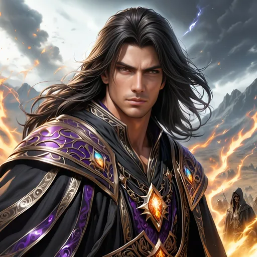 Prompt: Full Body visible, Side Profile, fantasy, tanned-skinned-human ((Male)), tanned-skinned-male, ((handsome detailed face and Dead Black eyes)) Wizard, Young rugged face, long bright Black hair, and with vibrant Brown eyes with a very stern and serious face looking at the viewer, wearing adventurer's intricate Wizard Robes standing casting a powerful spell on a battlefield surrounded by the dead, intricate hyper detailed hair, intricate hyper detailed eyelashes, intricate hyper detailed shining pupils #3238, UHD, hd , 8k eyes, detailed face, big anime dreamy eyes, 8k eyes, intricate details, insanely detailed, masterpiece, cinematic lighting, 8k, complementary colours, golden ratio, octane render, volumetric lighting, unreal 5, artwork, concept art, cover, top model, light on hair colourful glamorous hyper detailed, intricate hyper detailed breathtaking colourful glamorous battlefield surrounded by the dead, ultra-fine details, hyper-focused, deep colours, dramatic lighting, ambient lighting god rays,