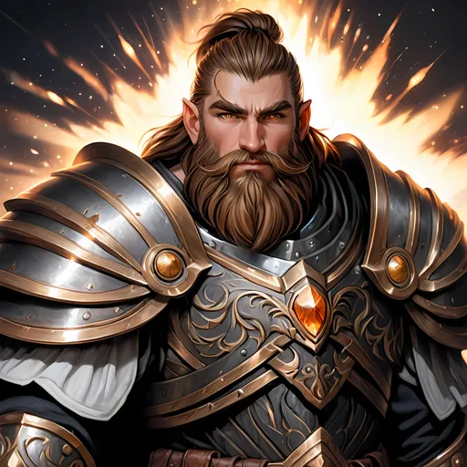 Prompt: Full body visible, oil painting, D&D fantasy, older years old ((Male)) dwarf, ((dwarf build, rugged older detailed face and hazel eyes)), ((Short, stocky, broad shoulders)), long straight light brown hair, long brown Dwarven beard, short pointed ears, determined look, looking at the viewer, intricate detailed black magical armor, intricate hyper detailed hair, intricate hyper detailed eyelashes, intricate hyper detailed shining pupils, #3238, UHD, hd , 8k eyes, detailed face, big anime dreamy eyes, 8k eyes, intricate details, insanely detailed, masterpiece, cinematic lighting, 8k, complementary colors, golden ratio, octane render, volumetric lighting, unreal 5, artwork, concept art, cover, top model, light on hair colorful glamourous hyperdetailed plains battlefield background, intricate hyperdetailed plains battlefield background, ultra-fine details, hyper-focused, deep colors, dramatic lighting, ambient lighting | by sakimi chan, artgerm, wlop, pixiv, tumblr, instagram, deviantart