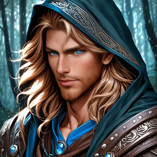 Prompt: Side Profile, fantasy, tanned-skinned-human ((Male)), tanned-skinned-male, ((handsome detailed face and eyes)) Druid, perfect rugged face, long bright Hazel hair, and with vibrant Blue eyes with a very stern and serious face looking at the viewer, wearing adventurer's Hooded Cloak, Hood up, and Dark leather clothes standing in a Dark forest at night in the pouring rain, intricate hyper detailed hair, intricate hyper detailed eyelashes, intricate hyper detailed shining pupils #3238, UHD, hd , 8k eyes, detailed face, big anime dreamy eyes, 8k eyes, intricate details, insanely detailed, masterpiece, cinematic lighting, 8k, complementary colours, golden ratio, octane render, volumetric lighting, unreal 5, artwork, concept art, cover, top model, light on hair colourful glamorous hyper detailed, intricate hyper detailed breathtaking colourful glamorous scenic view landscape, ultra-fine details, hyper-focused, deep colours, dramatic lighting, ambient lighting god rays,