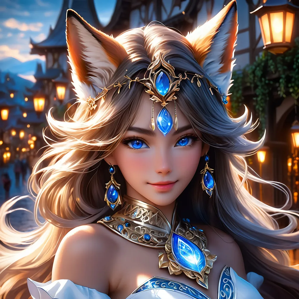 Prompt: full body, oil painting, fantasy, ((anthropomorphic furry fox girl)), tanned-furred-female, ((beautiful detailed face and glowing anime blue eyes)) dark hair, straight hair, fox ears, rosy cheeks, smiling, looking at the viewer| Elemental star wizard wearing intricate glowing blue and white dress casting a spell, #3238, UHD, hd , 8k eyes, detailed face, big anime dreamy eyes, 8k eyes, intricate details, insanely detailed, masterpiece, cinematic lighting, 8k, complementary colors, golden ratio, octane render, volumetric lighting, unreal 5, artwork, concept art, cover, top model, light on hair colorful glamourous hyperdetailed medieval city background, intricate hyperdetailed breathtaking colorful glamorous scenic view landscape, ultra-fine details, hyper-focused, deep colors, dramatic lighting, ambient lighting god rays | by sakimi chan, artgerm, wlop, pixiv, tumblr, instagram, deviantart