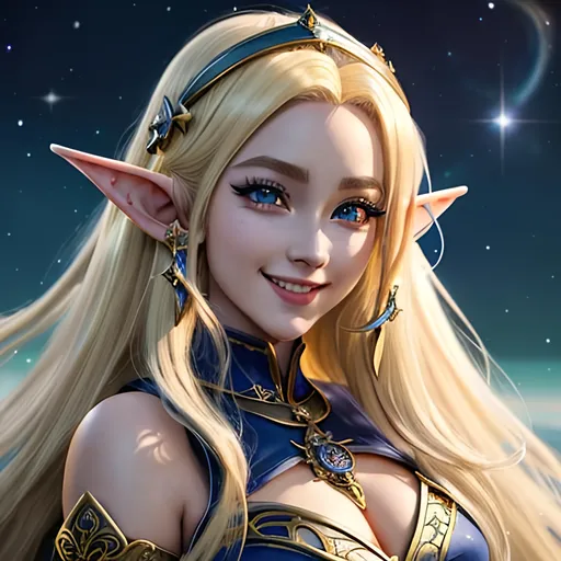 Prompt: masterpiece, splash art, ink painting, beautiful cute pop idol, D&D fantasy, (23 years old) elf girl cleric, ((beautiful detailed face and large eyes)), mischievous grin, bright blond hair, long slender pointed ears, smiling looking at the viewer, wearing cleric outfit, cosmic background, intricate hyper detailed hair, intricate hyper detailed eyelashes, intricate hyper detailed shining pupils #3238, UHD, hd , 8k eyes, detailed face, big anime dreamy eyes, 8k eyes, intricate details, insanely detailed, masterpiece, cinematic lighting, 8k, complementary colors, golden ratio, octane render, volumetric lighting, unreal 5, artwork, concept art, cover, top model, light on hair colorful glamourous hyperdetailed, intricate hyperdetailed breathtaking colorful glamorous scenic view landscape, ultra-fine details, hyper-focused, deep colors, dramatic lighting, ambient lighting god rays | by sakimi chan, artgerm, wlop, pixiv, tumblr, instagram, deviantart