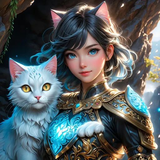 Prompt: Full body visible, oil painting, young 20 years old girl, ((light blue-skinned-female)), archer, ((beautiful detailed face and glowing gold cat anime eyes)), short dark black hair, rosy cheeks, predatory smile, looking at the viewer, intricate detailed leather clothes, intricate hyper detailed hair, intricate hyper detailed eyelashes, intricate hyper detailed shining pupils, #3238, UHD, hd , 8k eyes, detailed face, big anime dreamy eyes, 8k eyes, intricate details, insanely detailed, masterpiece, cinematic lighting, 8k, complementary colors, golden ratio, octane render, volumetric lighting, unreal 5, artwork, concept art, cover, top model, light on hair colorful glamourous hyperdetailed cave background, intricate hyperdetailed cave background, ultra-fine details, hyper-focused, deep colors, dramatic lighting, ambient lighting | by sakimi chan, artgerm, wlop, pixiv, tumblr, instagram, deviantart