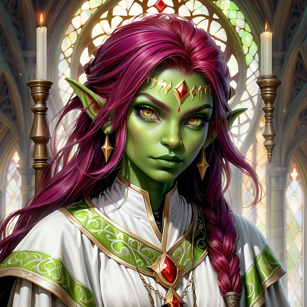 Prompt: Full Body, oil painting, D&D fantasy, very cute, 28 years old orc female ((green-skinned-orc girl)) Cleric, green-skinned-female, ((beautiful detailed face and large glowing red eyes)), Pious, rosy cheeks and nose,  long rich purple hair, praying, small pointed ears, ((large tusks)), praying, intricate detailed shapely ((white and gold priest robes)), intricate hyper detailed hair, intricate hyper detailed eyelashes, intricate hyper detailed shining pupils #3238, UHD, hd , 8k eyes, detailed face, big anime dreamy eyes, 8k eyes, intricate details, insanely detailed, masterpiece, cinematic lighting, 8k, complementary colors, golden ratio, octane render, volumetric lighting, unreal 5, artwork, concept art, cover, top model, light on hair colorful glamourous hyperdetailed temple background, intricate hyperdetailed temple background, ultra-fine details, hyper-focused, deep colors, dramatic lighting, ambient lighting god rays, | by sakimi chan, artgerm, wlop, pixiv, tumblr, instagram, deviantart