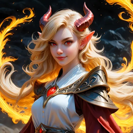 Prompt: Full body visible, oil painting, D&D Fantasy, young 20 years old Tiefling Female, ((Fair-skinned-female, Fair-skinned-female)), Wizard, ((Beautiful detailed face and Red anime eyes)), Tiefling horns)), Long feathered Blonde hair, Rogueish grin, looking at the viewer, Sultry Wizard robes casting an elemental earth spell, intricate hyper detailed hair, intricate hyper detailed eyelashes, intricate hyper detailed shining pupils, #3238, UHD, hd , 8k eyes, detailed face, big anime dreamy eyes, 8k eyes, intricate details, insanely detailed, masterpiece, cinematic lighting, 8k, complementary colors, golden ratio, octane render, volumetric lighting, unreal 5, artwork, concept art, cover, top model, light on hair colorful glamourous hyperdetailed Wizard tower background, intricate hyperdetailed Wizard tower background, ultra-fine details, hyper-focused, deep colors, dramatic lighting, ambient lighting | by sakimi chan, artgerm, wlop, pixiv, tumblr, instagram, deviantart