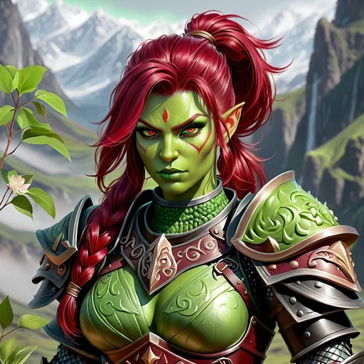 Prompt: Full Body, oil painting, D&D fantasy, very cute, 28 years old orc female ((green-skinned-orc girl)) Warrior, green-skinned-female, ((beautiful detailed face and large glowing red eyes)), rosy cheeks and nose, deep ruby red hair in a ponytail cut, determined look, small pointed ears, large lower tusks, looking at the viewer, intricate detailed shapely ((black leather armor)), intricate hyper detailed hair, intricate hyper detailed eyelashes, intricate hyper detailed shining pupils #3238, UHD, hd , 8k eyes, detailed face, big anime dreamy eyes, 8k eyes, intricate details, insanely detailed, masterpiece, cinematic lighting, 8k, complementary colors, golden ratio, octane render, volumetric lighting, unreal 5, artwork, concept art, cover, top model, light on hair colorful glamourous hyperdetailed tavern, intricate hyperdetailed tavern background, ultra-fine details, hyper-focused, deep colors, dramatic lighting, ambient lighting god rays, | by sakimi chan, artgerm, wlop, pixiv, tumblr, instagram, deviantart