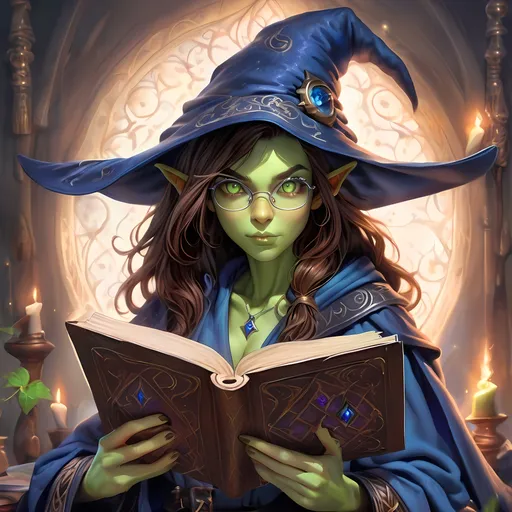 Prompt: Full Body, oil painting, D&D fantasy, very cute, 22 years old half-orc female ((green-skinned-half orc girl)) Wizard, green-skinned-female, ((beautiful detailed face and large glowing brown eyes)), Glasses, long rich brown hair, small short pointed ears, ((large tusks)), Determined and concentrating while reading a spell book, intricate detailed shapely ((Dark Blue Wizard robes and a black witches hat)), intricate hyper detailed hair, intricate hyper detailed eyelashes, intricate hyper detailed shining pupils #3238, UHD, hd , 8k eyes, detailed face, big anime dreamy eyes, 8k eyes, intricate details, insanely detailed, masterpiece, cinematic lighting, 8k, complementary colors, golden ratio, octane render, volumetric lighting, unreal 5, artwork, concept art, cover, top model, light on hair colorful glamourous hyperdetailed  inside a Wizard tower background, intricate hyperdetailed inside of a Wizard tower background, ultra-fine details, hyper-focused, deep colors, dramatic lighting, ambient lighting god rays, | by sakimi chan, artgerm, wlop, pixiv, tumblr, instagram, deviantart