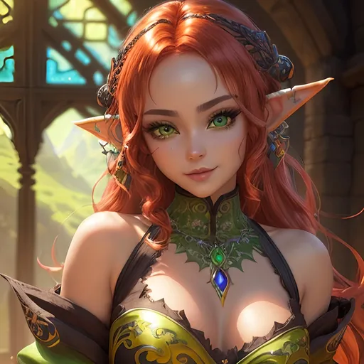 Prompt: ink painting, D&D fantasy, cute young ((green-skinned-goblin girl)), green-skinned-female, short petite body slender, beautiful, ((beautiful detailed face and large anime eyes)) long wavy fiery red hair, smiling, pointed ears, looking at the viewer, cleric wearing intricate adventurer outfit, intricate hyper detailed hair, intricate hyper detailed eyelashes, intricate hyper detailed shining pupils #3238, UHD, hd , 8k eyes, detailed face, big anime dreamy eyes, 8k eyes, intricate details, insanely detailed, masterpiece, cinematic lighting, 8k, complementary colors, golden ratio, octane render, volumetric lighting, unreal 5, artwork, concept art, cover, top model, light on hair colorful glamourous hyperdetailed, intricate hyperdetailed breathtaking colorful glamorous scenic view landscape, ultra-fine details, hyper-focused, deep colors, dramatic lighting, ambient lighting god rays, | by sakimi chan, artgerm, wlop, pixiv, tumblr, instagram, deviantart
