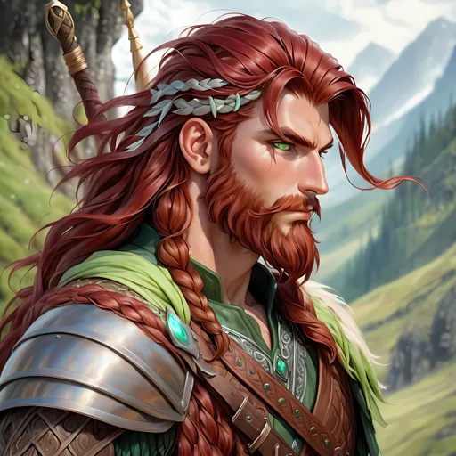 Prompt: Full Body, Side Profile, oil painting, fantasy, a human man with Long braided Dark Red hair and long dark red beard tied with light green eyes, ((handsome detailed face and eyes)), Barrel chested Warrior wearing brown leather adventurer's clothing, Slight knowing smile, intricate hyper detailed hair, intricate hyper detailed eyelashes, intricate hyper detailed shining pupils #3238, UHD, hd , 8k eyes, detailed face, big anime dreamy eyes, 8k eyes, intricate details, insanely detailed, masterpiece, cinematic lighting, 8k, complementary colors, golden ratio, octane render, volumetric lighting, unreal 5, artwork, concept art, cover, top model, light on hair colorful glamourous hyperdetailed, ultra-fine details, intricate detailed mountain top background, hyper-focused, deep colors, dramatic lighting, ambient lighting god rays | by sakimi chan, artgerm, wlop, pixiv, tumblr, instagram, deviantart