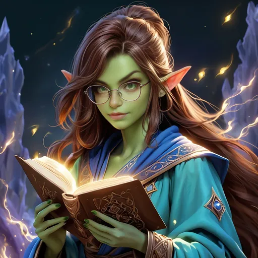 Prompt: Full Body, oil painting, D&D fantasy, very cute, 22 years old half-orc female ((green-skinned-half orc girl)) Wizard, green-skinned-female, ((beautiful detailed face and large glowing brown eyes)), Glasses, rosy cheeks, long rich brown hair, small short pointed ears, ((large tusks)), Determined and concentrating while reading a spell book, intricate detailed shapely ((Blue Wizard robes)), intricate hyper detailed hair, intricate hyper detailed eyelashes, intricate hyper detailed shining pupils #3238, UHD, hd , 8k eyes, detailed face, big anime dreamy eyes, 8k eyes, intricate details, insanely detailed, masterpiece, cinematic lighting, 8k, complementary colors, golden ratio, octane render, volumetric lighting, unreal 5, artwork, concept art, cover, top model, light on hair colorful glamourous hyperdetailed  inside a Wizard tower background, intricate hyperdetailed inside of a Wizard tower background, ultra-fine details, hyper-focused, deep colors, dramatic lighting, ambient lighting god rays, | by sakimi chan, artgerm, wlop, pixiv, tumblr, instagram, deviantart