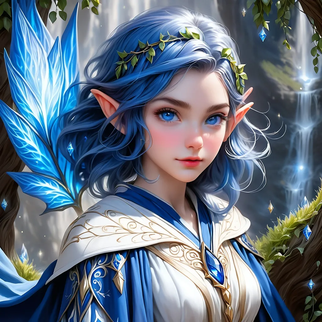 Prompt: Full Body, oil painting, D&D fantasy, very cute, 28 years old elf female ((fair-skinned-elf girl)) wizard, fair-skinned-female, slender, ((beautiful detailed face and large glowing blue eyes)), rosy cheeks, deep sapphire blue hair in a pixie cut, determined look, pointed ears, looking at the viewer, intricate detailed shapely blue and white flowing wizard robes, intricate hyper detailed hair, intricate hyper detailed eyelashes, intricate hyper detailed shining pupils #3238, UHD, hd , 8k eyes, detailed face, big anime dreamy eyes, 8k eyes, intricate details, insanely detailed, masterpiece, cinematic lighting, 8k, complementary colors, golden ratio, octane render, volumetric lighting, unreal 5, artwork, concept art, cover, top model, light on hair colorful glamourous hyperdetailed wizard's study background, intricate hyperdetailed breathtaking wizard's study background, ultra-fine details, hyper-focused, deep colors, dramatic lighting, ambient lighting god rays, | by sakimi chan, artgerm, wlop, pixiv, tumblr, instagram, deviantart