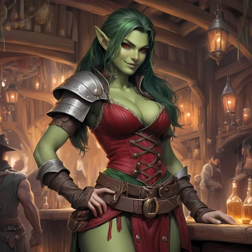 Prompt: Full Body, oil painting, D&D fantasy, very cute, 22 years old half orc female ((green-skinned-orc girl)) Bard, green-skinned-female, ((beautiful detailed face and large glowing red eyes)), Pious, rosy cheeks and nose,  long rich black hair, small short pointed ears, ((large tusks)), Happy laughing and singing in a medieval tavern, intricate detailed shapely ((leather bard clothes)), intricate hyper detailed hair, intricate hyper detailed eyelashes, intricate hyper detailed shining pupils #3238, UHD, hd , 8k eyes, detailed face, big anime dreamy eyes, 8k eyes, intricate details, insanely detailed, masterpiece, cinematic lighting, 8k, complementary colors, golden ratio, octane render, volumetric lighting, unreal 5, artwork, concept art, cover, top model, light on hair colorful glamourous hyperdetailed  inside of a Tavern background, intricate hyperdetailed inside of a Tavern background, ultra-fine details, hyper-focused, deep colors, dramatic lighting, ambient lighting god rays, | by sakimi chan, artgerm, wlop, pixiv, tumblr, instagram, deviantart
