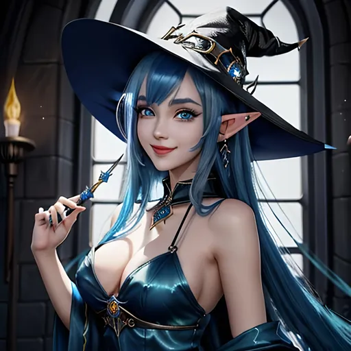 Prompt: masterpiece, splash art, ink painting, beautiful cute pop idol, D&D fantasy, (21years old) elf girl, ((beautiful detailed face and large eyes)), mischievous grin, bright royal blue hair, long slender pointed ears, smiling looking at the viewer, wearing light blue sorceress dress and ((an intricate dark blue witches hat)) and casting an elemental holy spell with an intricate detailed magic staff, cosmic background, intricate hyper detailed hair, intricate hyper detailed eyelashes, intricate hyper detailed shining pupils #3238, UHD, hd , 8k eyes, detailed face, big anime dreamy eyes, 8k eyes, intricate details, insanely detailed, masterpiece, cinematic lighting, 8k, complementary colors, golden ratio, octane render, volumetric lighting, unreal 5, artwork, concept art, cover, top model, light on hair colorful glamourous hyperdetailed, intricate hyperdetailed breathtaking colorful glamorous scenic view landscape, ultra-fine details, hyper-focused, deep colors, dramatic lighting, ambient lighting god rays | by sakimi chan, artgerm, wlop, pixiv, tumblr, instagram, deviantart