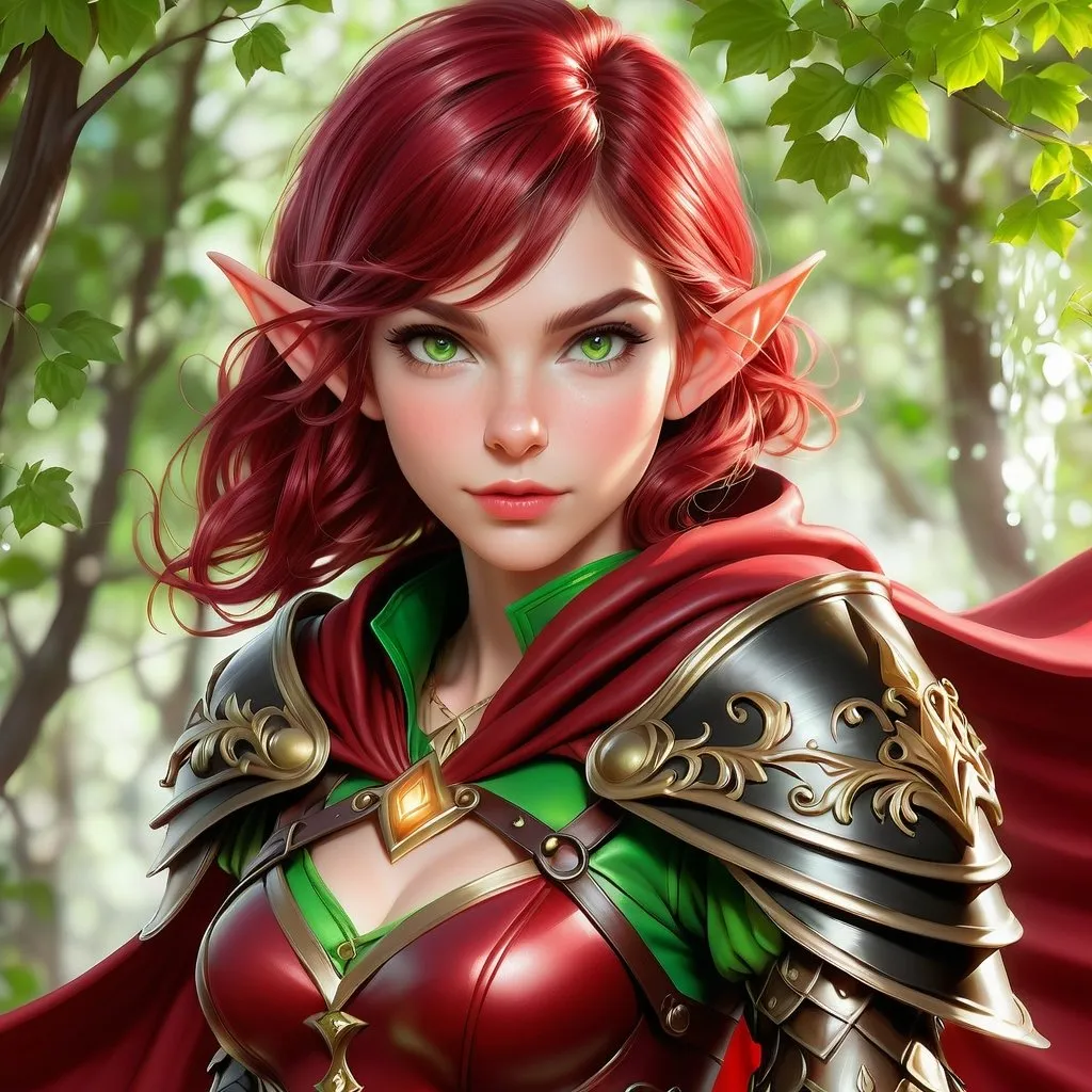 Prompt: Full Body, oil painting, D&D fantasy, very cute, 28 years old gnome female ((fair-skinned-elf girl)) Thief, fair-skinned-female, slender, ((beautiful detailed face and large glowing green eyes)), rosy cheeks and nose, deep ruby red hair in a pixie cut, determined look, small pointed ears, looking at the viewer, intricate detailed shapely ((black)) leather armor and long red cape, intricate hyper detailed hair, intricate hyper detailed eyelashes, intricate hyper detailed shining pupils #3238, UHD, hd , 8k eyes, detailed face, big anime dreamy eyes, 8k eyes, intricate details, insanely detailed, masterpiece, cinematic lighting, 8k, complementary colors, golden ratio, octane render, volumetric lighting, unreal 5, artwork, concept art, cover, top model, light on hair colorful glamourous hyperdetailed tavern, intricate hyperdetailed tavern background, ultra-fine details, hyper-focused, deep colors, dramatic lighting, ambient lighting god rays, | by sakimi chan, artgerm, wlop, pixiv, tumblr, instagram, deviantart