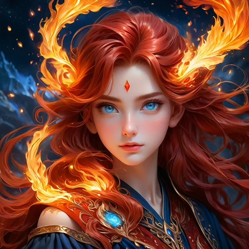 Prompt: "Full body, oil painting, fantasy, anime portrait of a young hobbit woman with flowing fiery red hair and dark blue eyes, short elf ears, ((beautiful detailed face and large anime eyes)), Elemental fire sorceress wearing intricate fiery red wizard robes casting a flame spell, intricate hyper detailed hair, intricate hyper detailed eyelashes, intricate hyper detailed shining pupils #3238, UHD, hd , 8k eyes, detailed face, big anime dreamy eyes, 8k eyes, intricate details, insanely detailed, masterpiece, cinematic lighting, 8k, complementary colors, golden ratio, octane render, volumetric lighting, unreal 5, artwork, concept art, cover, top model, light on hair colorful glamourous hyperdetailed, intricate hyperdetailed breathtaking colorful glamorous scenic view landscape, ultra-fine details, hyper-focused, deep colors, dramatic lighting, ambient lighting god rays, | by sakimi chan, artgerm, wlop, pixiv, tumblr, instagram, deviantart