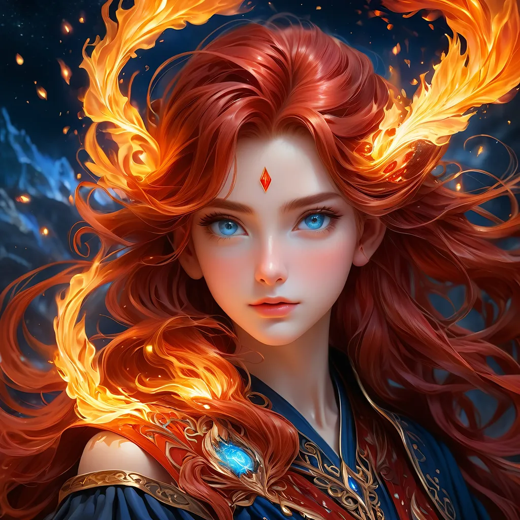 Prompt: "Full body, oil painting, fantasy, anime portrait of a young hobbit woman with flowing fiery red hair and dark blue eyes, short elf ears, ((beautiful detailed face and large anime eyes)), Elemental fire sorceress wearing intricate fiery red wizard robes casting a flame spell, intricate hyper detailed hair, intricate hyper detailed eyelashes, intricate hyper detailed shining pupils #3238, UHD, hd , 8k eyes, detailed face, big anime dreamy eyes, 8k eyes, intricate details, insanely detailed, masterpiece, cinematic lighting, 8k, complementary colors, golden ratio, octane render, volumetric lighting, unreal 5, artwork, concept art, cover, top model, light on hair colorful glamourous hyperdetailed, intricate hyperdetailed breathtaking colorful glamorous scenic view landscape, ultra-fine details, hyper-focused, deep colors, dramatic lighting, ambient lighting god rays, | by sakimi chan, artgerm, wlop, pixiv, tumblr, instagram, deviantart