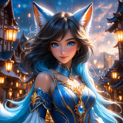 Prompt: full body, oil painting, fantasy, ((anthropomorphic furry fox girl)), tanned-furred-female, ((beautiful detailed face and glowing anime blue eyes)) dark hair, straight hair, fox ears, rosy cheeks, smiling, looking at the viewer| Elemental star wizard wearing intricate glowing blue and white dress casting a spell, #3238, UHD, hd , 8k eyes, detailed face, big anime dreamy eyes, 8k eyes, intricate details, insanely detailed, masterpiece, cinematic lighting, 8k, complementary colors, golden ratio, octane render, volumetric lighting, unreal 5, artwork, concept art, cover, top model, light on hair colorful glamourous hyperdetailed medieval city background, intricate hyperdetailed breathtaking colorful glamorous scenic view landscape, ultra-fine details, hyper-focused, deep colors, dramatic lighting, ambient lighting god rays | by sakimi chan, artgerm, wlop, pixiv, tumblr, instagram, deviantart