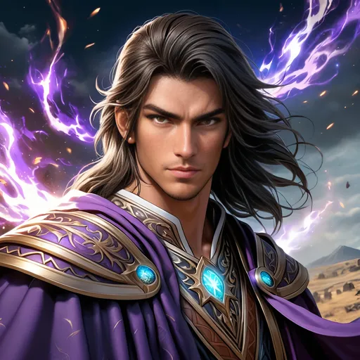 Prompt: Full Body visible, Side Profile, fantasy, tanned-skinned-human ((Male)), tanned-skinned-male, ((handsome detailed face and eyes)) Wziard, Young rugged face, long bright Black hair, and with vibrant Brown eyes with a very stern and serious face looking at the viewer, wearing adventurer's intricate Wizard Robes standing casting a powerful spell on a battlefield surrounded by the dead, intricate hyper detailed hair, intricate hyper detailed eyelashes, intricate hyper detailed shining pupils #3238, UHD, hd , 8k eyes, detailed face, big anime dreamy eyes, 8k eyes, intricate details, insanely detailed, masterpiece, cinematic lighting, 8k, complementary colours, golden ratio, octane render, volumetric lighting, unreal 5, artwork, concept art, cover, top model, light on hair colourful glamorous hyper detailed, intricate hyper detailed breathtaking colourful glamorous scenic view landscape, ultra-fine details, hyper-focused, deep colours, dramatic lighting, ambient lighting god rays,