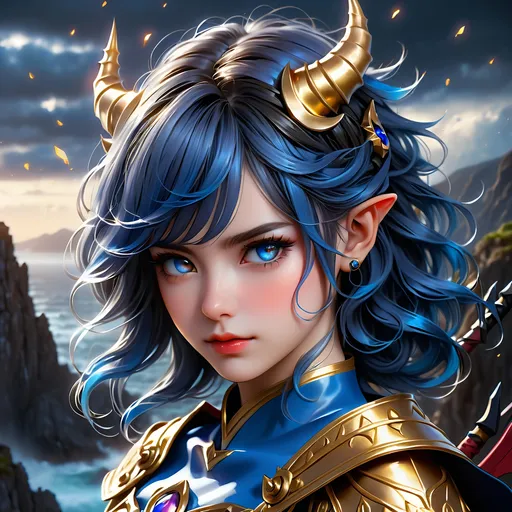 Prompt: Full body visible, oil painting, young 28 years old succubus demon girl, light-skinned-female, archer, ((beautiful detailed face and glowing anime eyes)), short royal blue hair, rosy cheeks, short Black demon horns, sad smile, looking at the viewer, intricate detailed Leather adventurers outfit, intricate hyper detailed hair, intricate hyper detailed eyelashes, intricate hyper detailed shining pupils, #3238, UHD, hd , 8k eyes, detailed face, big anime dreamy eyes, 8k eyes, intricate details, insanely detailed, masterpiece, cinematic lighting, 8k, complementary colors, golden ratio, octane render, volumetric lighting, unreal 5, artwork, concept art, cover, top model, light on hair colorful glamourous hyperdetailed standing on a cliff in a storm background, intricate hyperdetailed battlefield, ultra-fine details, hyper-focused, deep colors, dramatic lighting, ambient lighting | by sakimi chan, artgerm, wlop, pixiv, tumblr, instagram, deviantart