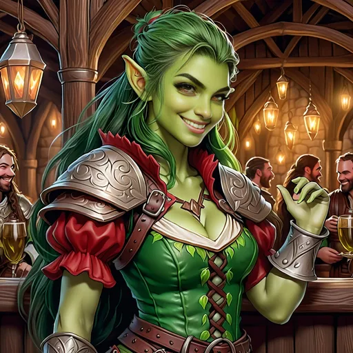 Prompt: Full Body, oil painting, D&D fantasy, very cute, 22 years old orc female ((green-skinned-orc girl)) Bard, green-skinned-female, ((beautiful detailed face and large glowing red eyes)), Pious, rosy cheeks and nose,  long rich dark hair, small pointed ears, ((large tusks)), Happy laughing and singing in a medieval tavern, intricate detailed shapely ((leather bard clothes)), intricate hyper detailed hair, intricate hyper detailed eyelashes, intricate hyper detailed shining pupils #3238, UHD, hd , 8k eyes, detailed face, big anime dreamy eyes, 8k eyes, intricate details, insanely detailed, masterpiece, cinematic lighting, 8k, complementary colors, golden ratio, octane render, volumetric lighting, unreal 5, artwork, concept art, cover, top model, light on hair colorful glamourous hyperdetailed  inside of a Tavern background, intricate hyperdetailed inside of a Tavern background, ultra-fine details, hyper-focused, deep colors, dramatic lighting, ambient lighting god rays, | by sakimi chan, artgerm, wlop, pixiv, tumblr, instagram, deviantart