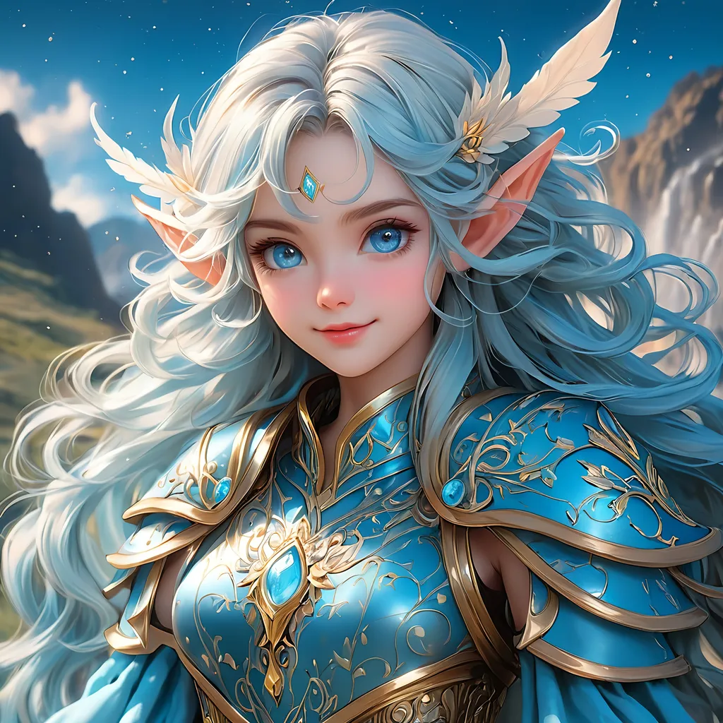 Prompt: Full Body, ink painting, D&D fantasy, cute young ((light blue-skinned-elf girl)), light blue-skinned-female, slender, ((beautiful detailed face and large anime eyes)) long wavy sky blue hair, smiling, pointed ears, looking at the viewer, cleric wearing intricate adventurer outfit, intricate hyper detailed hair, intricate hyper detailed eyelashes, intricate hyper detailed shining pupils #3238, UHD, hd , 8k eyes, detailed face, big anime dreamy eyes, 8k eyes, intricate details, insanely detailed, masterpiece, cinematic lighting, 8k, complementary colors, golden ratio, octane render, volumetric lighting, unreal 5, artwork, concept art, cover, top model, light on hair colorful glamourous hyperdetailed, intricate hyperdetailed breathtaking colorful glamorous scenic view landscape, ultra-fine details, hyper-focused, deep colors, dramatic lighting, ambient lighting god rays, | by sakimi chan, artgerm, wlop, pixiv, tumblr, instagram, deviantart