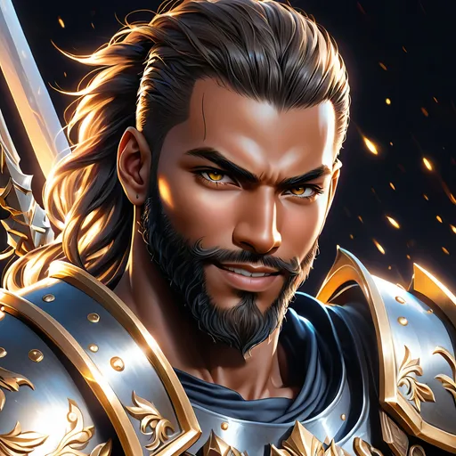 Prompt: Full Body, oil painting, fantasy, black man with shaved head with vibrant light hazel eyes, ((handsome detailed face and eyes)), big smile, clean shaven no beard, large muscles warrior wearing armor ((wielding a large Glaive with both hands)), intricate hyper detailed hair, intricate hyper detailed eyelashes, intricate hyper detailed shining pupils #3238, UHD, hd , 8k eyes, detailed face, big anime dreamy eyes, 8k eyes, intricate details, insanely detailed, masterpiece, cinematic lighting, 8k, complementary colors, golden ratio, octane render, volumetric lighting, unreal 5, artwork, concept art, cover, top model, light on hair colorful glamourous hyperdetailed, ultra-fine details, intricate detailed battlefield background, hyper-focused, deep colors, dramatic lighting, ambient lighting god rays | by sakimi chan, artgerm, wlop, pixiv, tumblr, instagram, deviantart