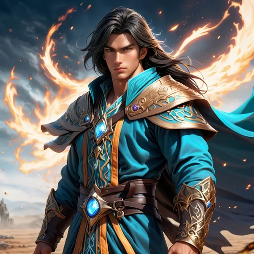 Prompt: Full Body visible, Side Profile, fantasy, tanned-skinned-human ((Male)), tanned-skinned-male, ((handsome detailed face and eyes)) Wziard, Young rugged face, long bright Black hair, and with vibrant Brown eyes with a very stern and serious face looking at the viewer, wearing adventurer's intricate Wizard Robes standing casting a powerful spell on a battlefield surrounded by the dead, intricate hyper detailed hair, intricate hyper detailed eyelashes, intricate hyper detailed shining pupils #3238, UHD, hd , 8k eyes, detailed face, big anime dreamy eyes, 8k eyes, intricate details, insanely detailed, masterpiece, cinematic lighting, 8k, complementary colours, golden ratio, octane render, volumetric lighting, unreal 5, artwork, concept art, cover, top model, light on hair colourful glamorous hyper detailed, intricate hyper detailed breathtaking colourful glamorous battlefield surrounded by the dead, ultra-fine details, hyper-focused, deep colours, dramatic lighting, ambient lighting god rays,