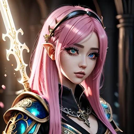 Prompt: masterpiece, splash art, ink painting, beautiful cute D&D fantasy, (23 years old) pixie girl cleric, ((beautiful detailed face and large eyes)), bright pink hair, looking at the viewer, wearing cleric outfit, intricate hyper detailed hair, intricate hyper detailed eyelashes, intricate hyper detailed shining pupils #3238, UHD, hd , 8k eyes, detailed face, big anime dreamy eyes, 8k eyes, intricate details, insanely detailed, masterpiece, cinematic lighting, 8k, complementary colors, golden ratio, octane render, volumetric lighting, unreal 5, artwork, concept art, cover, top model, light on hair colorful glamourous hyperdetailed, intricate hyperdetailed breathtaking colorful glamorous scenic view landscape, ultra-fine details, hyper-focused, deep colors, dramatic lighting, ambient lighting god rays | by sakimi chan, artgerm, wlop, pixiv, tumblr, instagram, deviantart