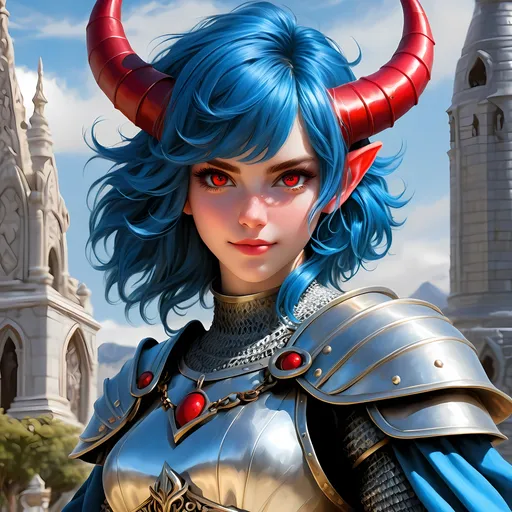 Prompt: Full body visible, oil painting, D&D Fantasy, young 20 years old Tiefling Female, ((Fair-skinned-female, Fair-skinned-female)), Cleric, ((Beautiful detailed face and Red anime eyes)), Tiefling horns)), short tousled Blue hair, Rogueish grin, looking at the viewer, Classic cleric chain mail armour praying in front of a statue, intricate hyper detailed hair, intricate hyper detailed eyelashes, intricate hyper detailed shining pupils, #3238, UHD, hd , 8k eyes, detailed face, big anime dreamy eyes, 8k eyes, intricate details, insanely detailed, masterpiece, cinematic lighting, 8k, complementary colors, golden ratio, octane render, volumetric lighting, unreal 5, artwork, concept art, cover, top model, light on hair colorful glamourous hyperdetailed temple background, intricate hyperdetailed temple background, ultra-fine details, hyper-focused, deep colors, dramatic lighting, ambient lighting | by sakimi chan, artgerm, wlop, pixiv, tumblr, instagram, deviantart