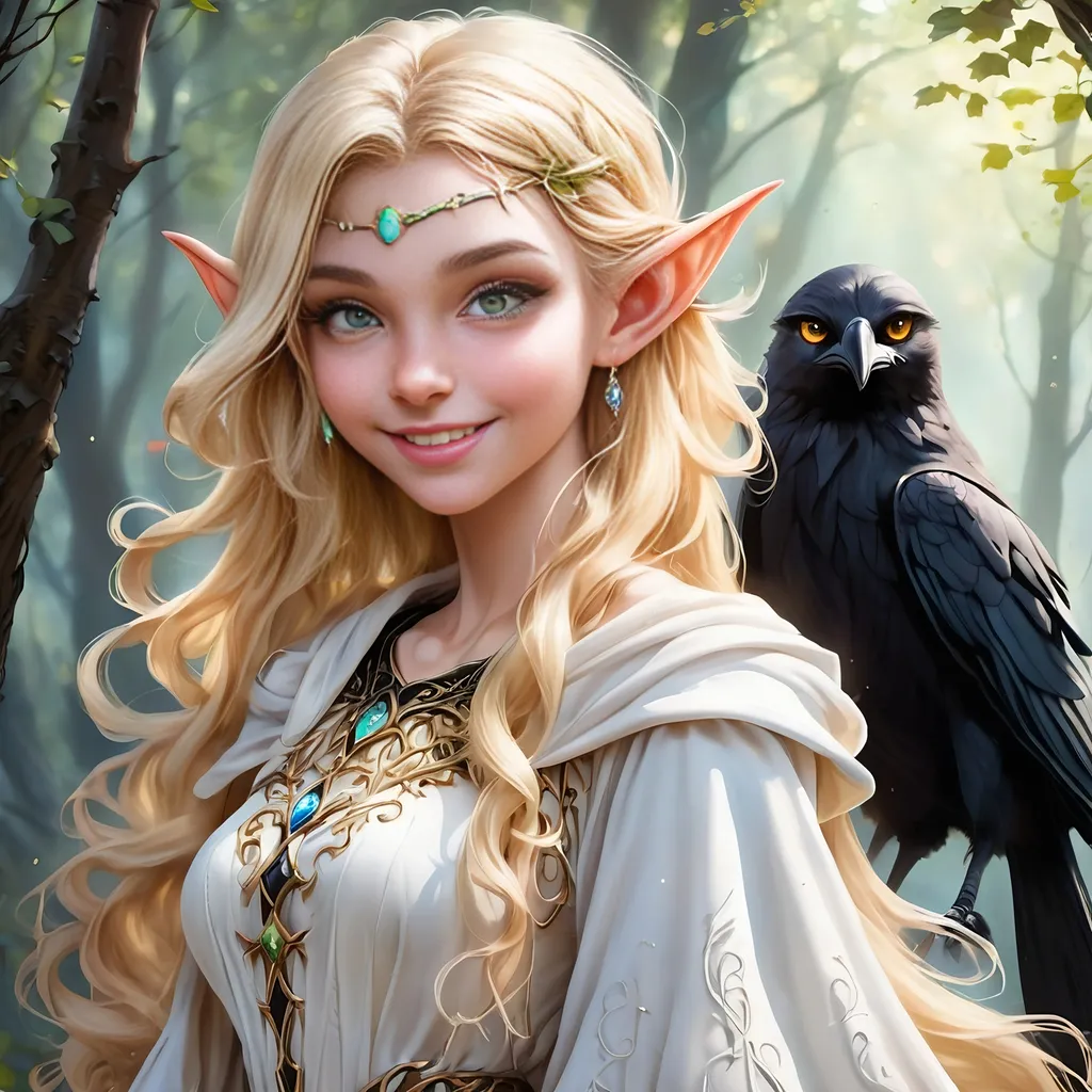 Prompt: Full Body, oil painting, D&D fantasy, very cute, 16 years old half-female ((light-skinned-elf girl)) Witch, light-skinned-female, ((beautiful detailed face and large glowing black eyes)), long rich blonde hair, long elven ears, ((large tusks)), Smiling but Determined while speaking to her raven familiar, intricate detailed shapely ((Bright White Witches robes)), intricate hyper detailed hair, intricate hyper detailed eyelashes, intricate hyper detailed shining pupils #3238, UHD, hd , 8k eyes, detailed face, big anime dreamy eyes, 8k eyes, intricate details, insanely detailed, masterpiece, cinematic lighting, 8k, complementary colors, golden ratio, octane render, volumetric lighting, unreal 5, artwork, concept art, cover, top model, light on hair colorful glamourous hyperdetailed  inside a Wizard tower background, intricate hyperdetailed inside of a Wizard tower background, ultra-fine details, hyper-focused, deep colors, dramatic lighting, ambient lighting god rays, | by sakimi chan, artgerm, wlop, pixiv, tumblr, instagram, deviantart