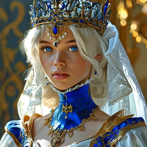 Prompt: Full body visible, D&D Fantasy, young 25 years old girl, ((beautiful detailed face and Blue eyes)), Warrior, straitened brilliant Bright Blonde hair, Regal Noble Determined grin, looking at the viewer, Regal intricate detailed Blue and White Queen's slinky dress with a small golden crown and a Royal white cape,