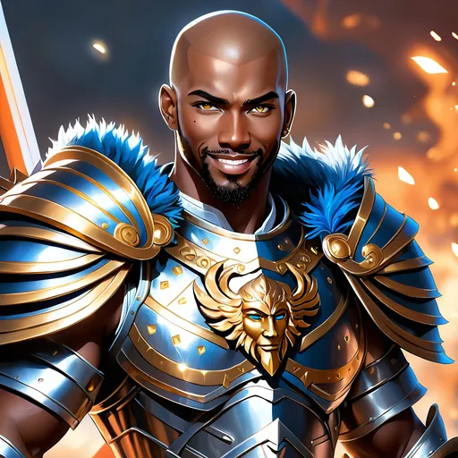 Prompt: Full Body, oil painting, fantasy, black man with shaved head with vibrant light hazel eyes, ((handsome detailed face and eyes)), big smile, ((no facial hair)), large muscles warrior wearing armor ((wielding a large Glaive with both hands)), intricate hyper detailed hair, intricate hyper detailed eyelashes, intricate hyper detailed shining pupils #3238, UHD, hd , 8k eyes, detailed face, big anime dreamy eyes, 8k eyes, intricate details, insanely detailed, masterpiece, cinematic lighting, 8k, complementary colors, golden ratio, octane render, volumetric lighting, unreal 5, artwork, concept art, cover, top model, light on hair colorful glamourous hyperdetailed, ultra-fine details, intricate detailed battlefield background, hyper-focused, deep colors, dramatic lighting, ambient lighting god rays | by sakimi chan, artgerm, wlop, pixiv, tumblr, instagram, deviantart