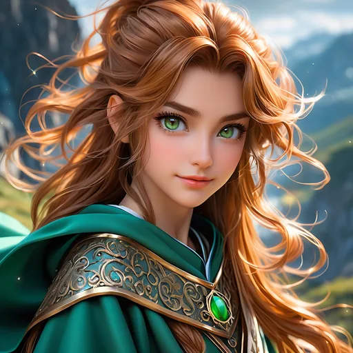 Prompt: oil painting, D&D fantasy, (23 years old) lightly tanned-skinned hobbit girl, (tiny petite body), ((beautiful detailed face and large brown anime eyes)), mischievous grin, long ponytail bright auburn with highlights hair, short small pointed ears, mischievous grin looking at the viewer, cleric wearing chain mail with a dark green cloak and casting a holy elemental spell, intricate hyper detailed hair, intricate hyper detailed eyelashes, intricate hyper detailed shining pupils #3238, UHD, hd , 8k eyes, detailed face, big anime dreamy eyes, 8k eyes, intricate details, insanely detailed, masterpiece, cinematic lighting, 8k, complementary colors, golden ratio, octane render, volumetric lighting, unreal 5, artwork, concept art, cover, top model, light on hair colorful glamourous hyperdetailed Temple background, intricate hyperdetailed breathtaking colorful glamorous scenic view landscape, ultra-fine details, hyper-focused, deep colors, dramatic lighting, ambient lighting god rays | by sakimi chan, artgerm, wlop, pixiv, tumblr, instagram, deviantart