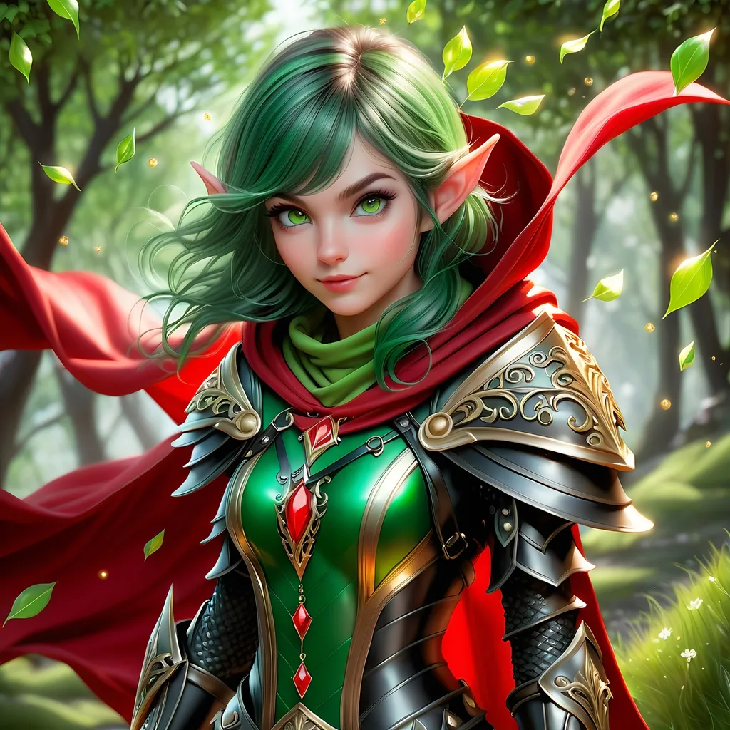 Prompt: Full Body, oil painting, D&D fantasy, very cute, 28 years old gnome female ((fair-skinned-elf girl)) Thief, fair-skinned-female, slender, ((beautiful detailed face and large glowing green eyes)), rosy cheeks, deep Emerald green hair in a pixie cut, determined look, small pointed ears, looking at the viewer, intricate detailed shapely black leather armor and long red cape, intricate hyper detailed hair, intricate hyper detailed eyelashes, intricate hyper detailed shining pupils #3238, UHD, hd , 8k eyes, detailed face, big anime dreamy eyes, 8k eyes, intricate details, insanely detailed, masterpiece, cinematic lighting, 8k, complementary colors, golden ratio, octane render, volumetric lighting, unreal 5, artwork, concept art, cover, top model, light on hair colorful glamourous hyperdetailed tavern, intricate hyperdetailed tavern background, ultra-fine details, hyper-focused, deep colors, dramatic lighting, ambient lighting god rays, | by sakimi chan, artgerm, wlop, pixiv, tumblr, instagram, deviantart