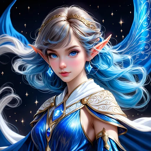 Prompt: Full Body, oil painting, D&D fantasy, very cute, 28 years old elf female ((fair-skinned-elf girl)) wizard, fair-skinned-female, slender, ((beautiful detailed face and large glowing blue eyes)), rosy cheeks, deep sapphire blue hair in a pixie cut, determined look, pointed ears, looking at the viewer, intricate detailed shapely blue and white flowing wizard robes, intricate hyper detailed hair, intricate hyper detailed eyelashes, intricate hyper detailed shining pupils #3238, UHD, hd , 8k eyes, detailed face, big anime dreamy eyes, 8k eyes, intricate details, insanely detailed, masterpiece, cinematic lighting, 8k, complementary colors, golden ratio, octane render, volumetric lighting, unreal 5, artwork, concept art, cover, top model, light on hair colorful glamourous hyperdetailed wizard's study background, intricate hyperdetailed breathtaking wizard's study background, ultra-fine details, hyper-focused, deep colors, dramatic lighting, ambient lighting god rays, | by sakimi chan, artgerm, wlop, pixiv, tumblr, instagram, deviantart