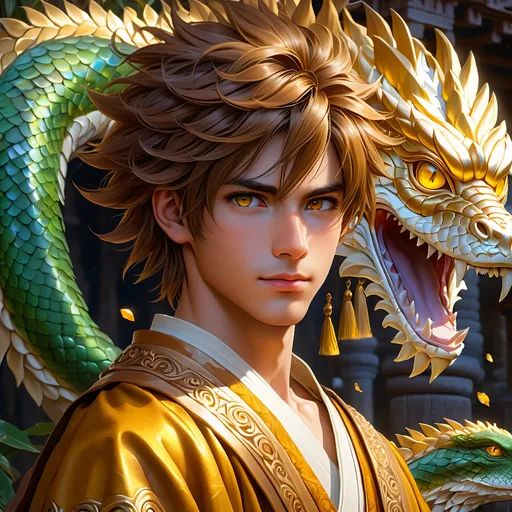 Prompt: Full body visible, oil painting, D&D fantasy, 22 years old mongrel man, ((half of body is reptile scales)), ((rugged detailed face and glowing gold anime eyes)), short mahogany hair, wise smile, looking at the viewer, intricate detailed cloth monk robes, intricate hyper detailed hair, intricate hyper detailed eyelashes, intricate hyper detailed shining pupils, #3238, UHD, hd , 8k eyes, detailed face, big anime dreamy eyes, 8k eyes, intricate details, insanely detailed, masterpiece, cinematic lighting, 8k, complementary colors, golden ratio, octane render, volumetric lighting, unreal 5, artwork, concept art, cover, top model, light on hair colorful glamourous hyperdetailed house ruins background, intricate hyperdetailed house ruins background, ultra-fine details, hyper-focused, deep colors, dramatic lighting, ambient lighting | by sakimi chan, artgerm, wlop, pixiv, tumblr, instagram, deviantart