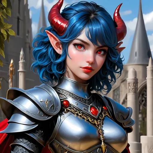 Prompt: Full body visible, oil painting, D&D Fantasy, young 20 years old Tiefling Female, ((Fully blue-skinned-female, blue-skinned-female)), Cleric, ((Beautiful detailed face and Red anime eyes)), Tiefling horns)), short tousled Black hair, Rogueish grin, looking at the viewer, Classic cleric chain mail armour praying in front of a statue, intricate hyper detailed hair, intricate hyper detailed eyelashes, intricate hyper detailed shining pupils, #3238, UHD, hd , 8k eyes, detailed face, big anime dreamy eyes, 8k eyes, intricate details, insanely detailed, masterpiece, cinematic lighting, 8k, complementary colors, golden ratio, octane render, volumetric lighting, unreal 5, artwork, concept art, cover, top model, light on hair colorful glamourous hyperdetailed temple background, intricate hyperdetailed temple background, ultra-fine details, hyper-focused, deep colors, dramatic lighting, ambient lighting | by sakimi chan, artgerm, wlop, pixiv, tumblr, instagram, deviantart