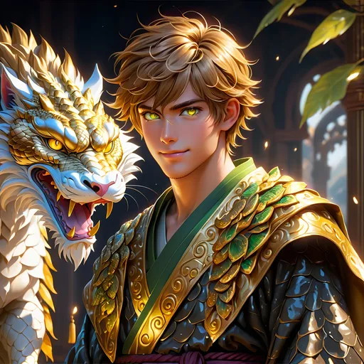 Prompt: Full body visible, oil painting, D&D fantasy, 22 years old mongrel man, ((Left side of the face covered in reptile scales)), ((rugged detailed face and glowing gold anime eyes)), short chestnut hair, wise smile, looking at the viewer, intricate detailed cloth monk robes, intricate hyper detailed hair, intricate hyper detailed eyelashes, intricate hyper detailed shining pupils, #3238, UHD, hd , 8k eyes, detailed face, big anime dreamy eyes, 8k eyes, intricate details, insanely detailed, masterpiece, cinematic lighting, 8k, complementary colors, golden ratio, octane render, volumetric lighting, unreal 5, artwork, concept art, cover, top model, light on hair colorful glamourous hyperdetailed house ruins background, intricate hyperdetailed house ruins background, ultra-fine details, hyper-focused, deep colors, dramatic lighting, ambient lighting | by sakimi chan, artgerm, wlop, pixiv, tumblr, instagram, deviantart