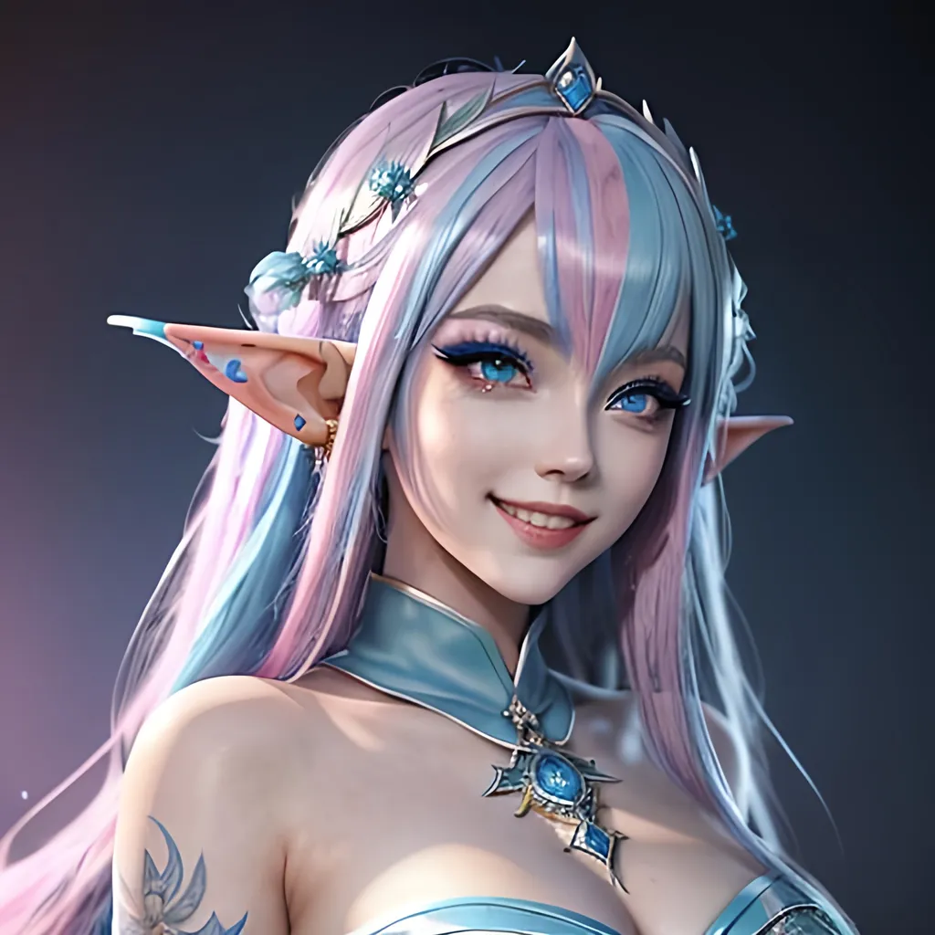 Prompt: masterpiece, splash art, ink painting, beautiful cute pop idol, D&D fantasy, (23 years old) elf girl, ((beautiful detailed face and large eyes)), mischievous grin, light blue with bright pink highlights hair, long slender pointed ears, smiling looking at the viewer, wearing intricate detailed light blue sorceress dress and ((an intricate dark blue witches hat)) and casting an elemental ice spell, intricate hyper detailed hair, intricate hyper detailed eyelashes, intricate hyper detailed shining pupils #3238, UHD, hd , 8k eyes, detailed face, big anime dreamy eyes, 8k eyes, intricate details, insanely detailed, masterpiece, cinematic lighting, 8k, complementary colors, golden ratio, octane render, volumetric lighting, unreal 5, artwork, concept art, cover, top model, light on hair colorful glamourous hyperdetailed, intricate hyperdetailed breathtaking colorful glamorous scenic view landscape, ultra-fine details, hyper-focused, deep colors, dramatic lighting, ambient lighting god rays | by sakimi chan, artgerm, wlop, pixiv, tumblr, instagram, deviantart