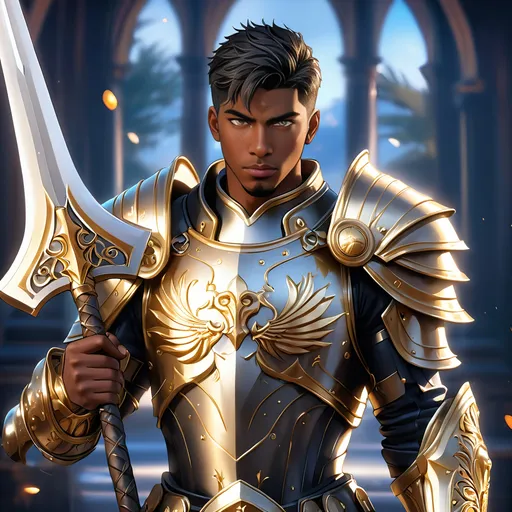 Prompt: Full Body, oil painting, fantasy, a black man with very short black hair with vibrant light hazel eyes, ((handsome detailed face and eyes)), very calm expression with a hint of a smile,  large muscles warrior wearing armor ((wielding a large Glaive with both hands)), intricate hyper detailed hair, intricate hyper detailed eyelashes, intricate hyper detailed shining pupils #3238, UHD, hd , 8k eyes, detailed face, big anime dreamy eyes, 8k eyes, intricate details, insanely detailed, masterpiece, cinematic lighting, 8k, complementary colors, golden ratio, octane render, volumetric lighting, unreal 5, artwork, concept art, cover, top model, light on hair colorful glamourous hyperdetailed, ultra-fine details, intricate detailed battlefield background, hyper-focused, deep colors, dramatic lighting, ambient lighting god rays | by sakimi chan, artgerm, wlop, pixiv, tumblr, instagram, deviantart