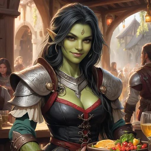 Prompt: Full Body, oil painting, D&D fantasy, very cute, 22 years old half orc female ((green-skinned-orc girl)) Bard, green-skinned-female, ((beautiful detailed face and large glowing red eyes)), Pious, rosy cheeks and nose,  long rich black hair, small pointed ears, ((large tusks)), Happy laughing and singing in a medieval tavern, intricate detailed shapely ((leather bard clothes)), intricate hyper detailed hair, intricate hyper detailed eyelashes, intricate hyper detailed shining pupils #3238, UHD, hd , 8k eyes, detailed face, big anime dreamy eyes, 8k eyes, intricate details, insanely detailed, masterpiece, cinematic lighting, 8k, complementary colors, golden ratio, octane render, volumetric lighting, unreal 5, artwork, concept art, cover, top model, light on hair colorful glamourous hyperdetailed  inside of a Tavern background, intricate hyperdetailed inside of a Tavern background, ultra-fine details, hyper-focused, deep colors, dramatic lighting, ambient lighting god rays, | by sakimi chan, artgerm, wlop, pixiv, tumblr, instagram, deviantart
