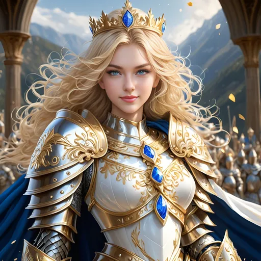 Prompt: Full body visible, D&D Fantasy, young 25 years old girl, ((beautiful detailed face and Blue anime eyes)), Warrior, ((straitened brilliant Bright Blonde hair), Regal Noble Determined grin, looking at the viewer, Regal intricate detailed Golden and White Queen's full plate armour with a small golden crown and a Royal white cape, intricate hyper detailed hair, intricate hyper detailed eyelashes, intricate hyper detailed shining pupils, #3238, UHD, hd , 8k eyes, detailed face, big anime dreamy eyes, 8k eyes, intricate details, insanely detailed, masterpiece, cinematic lighting, 8k, complementary colours, golden ratio, octane render, volumetric lighting, unreal 5, artwork, concept art, cover, top model, light on hair colourful glamorous hyper detailed ((Queen's Throne room background)), intricate hyper detailed ((Queens's Throne room background)), ultra-fine details, hyper-focused, deep colors, dramatic lighting, ambient lighting