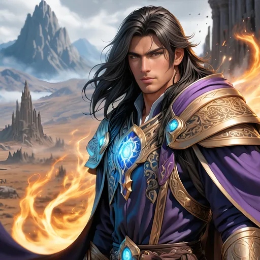 Prompt: Full Body visible, Side Profile, fantasy, tanned-skinned-human ((Male)), tanned-skinned-male, ((handsome detailed face and eyes)) Wziard, Young rugged face, long bright Black hair, and with vibrant Brown eyes with a very stern and serious face looking at the viewer, wearing adventurer's intricate Wizard Robes standing casting a powerful spell on a battlefield surrounded by the dead, intricate hyper detailed hair, intricate hyper detailed eyelashes, intricate hyper detailed shining pupils #3238, UHD, hd , 8k eyes, detailed face, big anime dreamy eyes, 8k eyes, intricate details, insanely detailed, masterpiece, cinematic lighting, 8k, complementary colours, golden ratio, octane render, volumetric lighting, unreal 5, artwork, concept art, cover, top model, light on hair colourful glamorous hyper detailed, intricate hyper detailed breathtaking colourful glamorous battlefield surrounded by the dead, ultra-fine details, hyper-focused, deep colours, dramatic lighting, ambient lighting god rays,