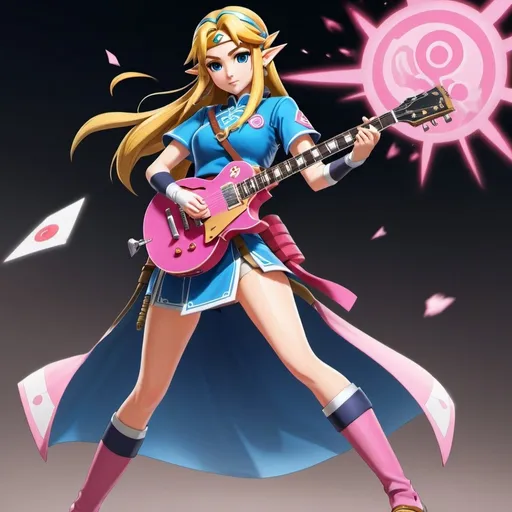 Prompt: HD Princess Zelda, Drawn Naruto style in a kunoichi uniform, shredding a pink and blue Gibson Les Paul guitar, full body