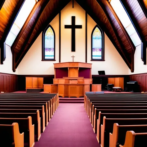 Prompt: 

Imagine sitting in an old church sanctuary, viewing the scene from a pew, facing the stage and pulpit directly ahead. The sanctuary is a blend of historical and contemporary elements. The carpet is a rich, dark red, creating a warm and inviting atmosphere. The walls are a vibrant white, accentuated with elegant oak wood trims and accents, showcasing the church’s timeless beauty.

On the stage, a traditional wooden pulpit stands prominently, with a large, ornate cross hanging on the wall behind it. The cross, made of polished oak, gleams softly in the light filtering through stained glass windows. Surrounding the pulpit, modern musical instruments and equipment are set up, reflecting the church’s embrace of contemporary worship practices. There are electric guitars, a keyboard, drums, and microphones on stands, arranged as if ready for a praise and worship band.

The scene captures the harmonious blend of the old and the new, highlighting the church’s reverence for tradition while embracing modernity in its worship practices.

