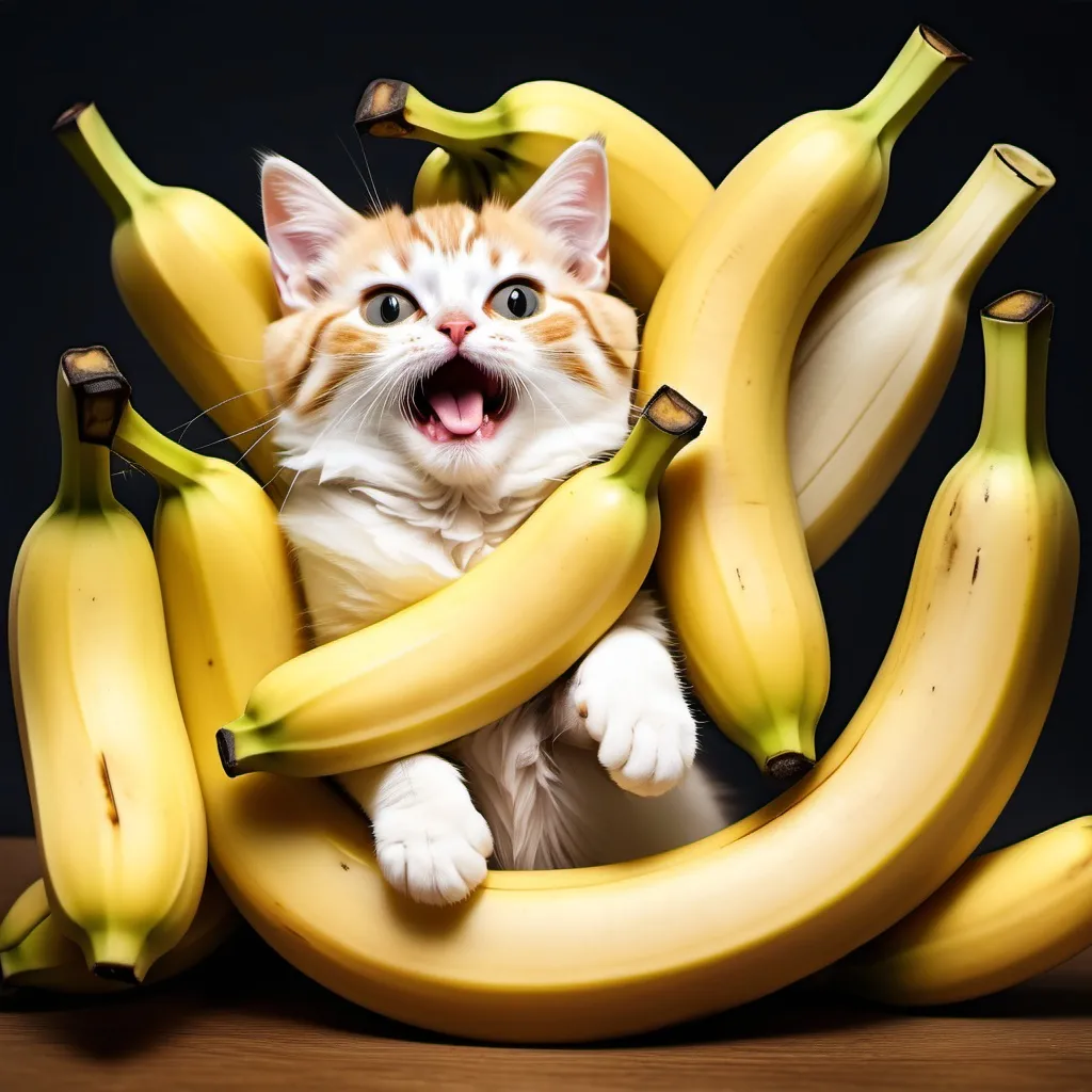 Prompt: A comical image of cute anime cats fused with bananas 